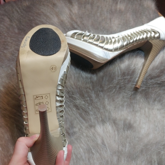 Spring • 5" Platfrom Heels Pump Open Toe White Gold Twist Heels Pumps Womens 10 - Picture 2 of 5